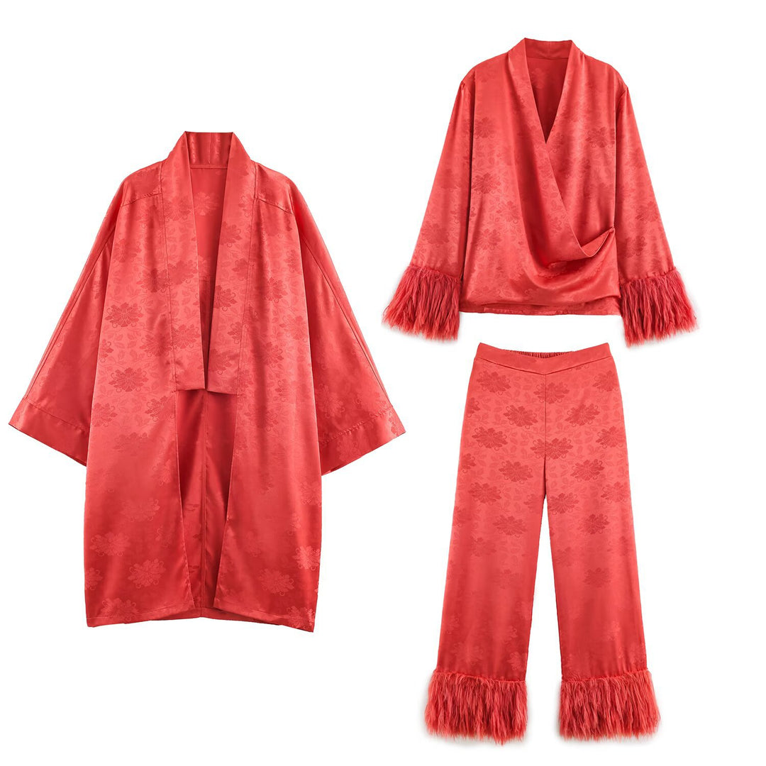 Damen Kimono-Wickelbluse aus Jacquard mit Federrüschensäumen Drune