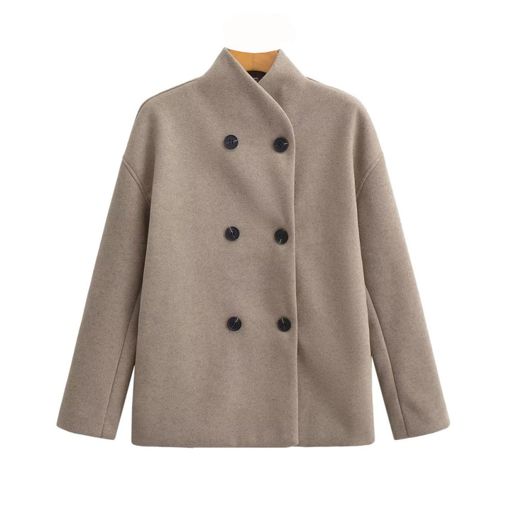 Damen Oversized Doppelreihiger Wollmantel mit Stehkragen Drune