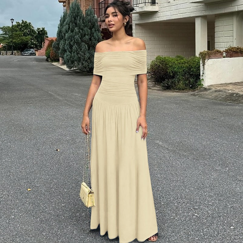 Damen Elegantes Maxikleid mit schulterfreiem Design und Raffung Drune