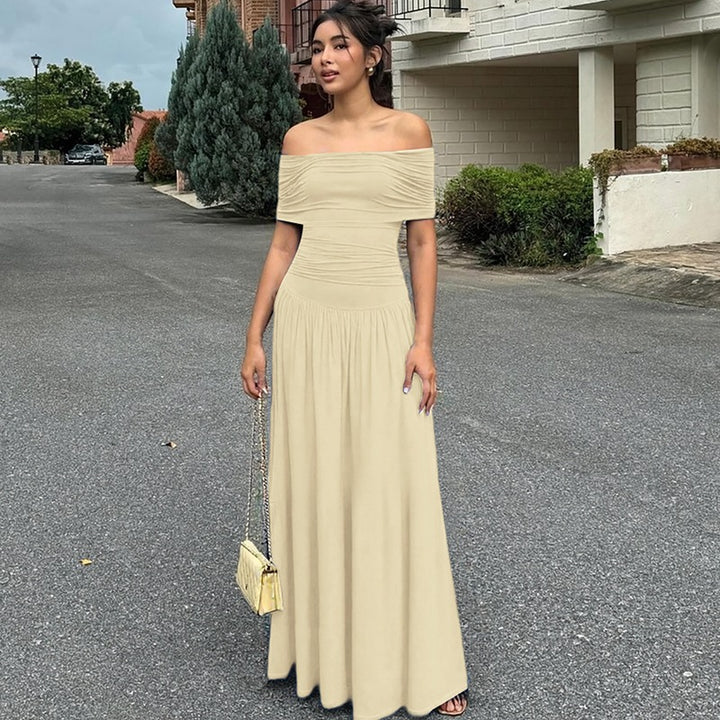 Damen Elegantes Maxikleid mit schulterfreiem Design und Raffung Drune