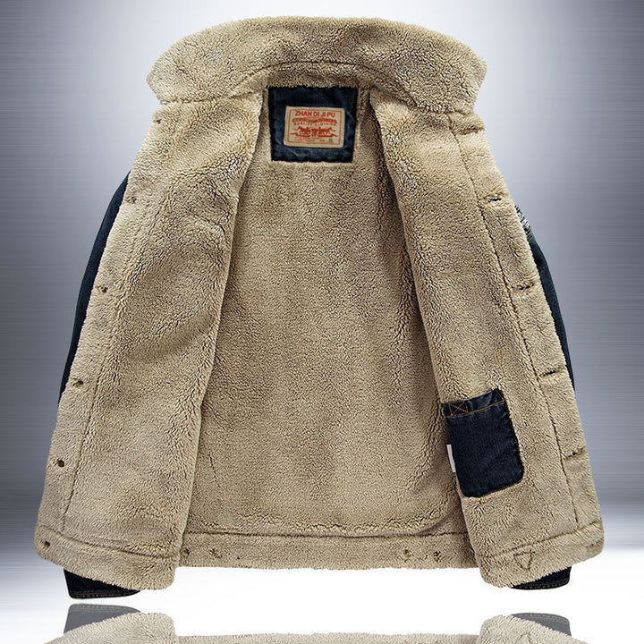 Herren Thermo-Denimjacke im Truckerstil mit vollem Teddyfleece-Innenfutter und hohem Umlegekragen Drune