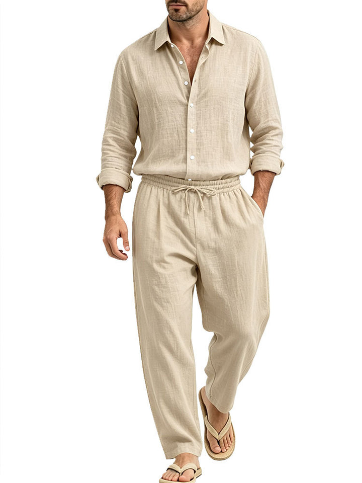 Herren Lässiges Leinen-Set Hemd und Relaxhose mit Tunnelzug Drune