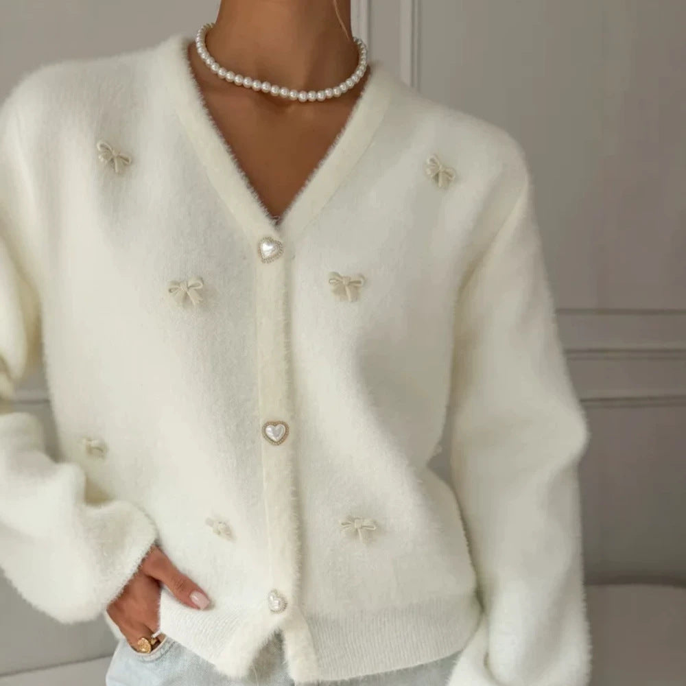 Damen Flauschige Strickjacke mit Herzknöpfen Drune