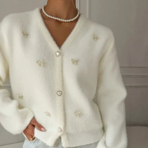 Damen Flauschige Strickjacke mit Herzknöpfen Drune