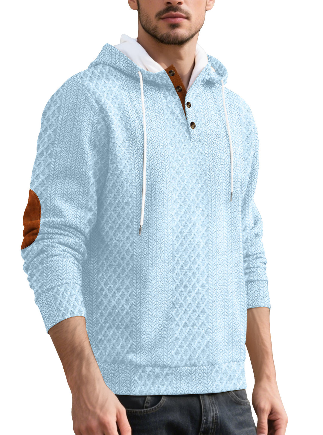 Herren nan Diamond-Struktur Kapuzenpullover mit Kurzknopfleiste, gesteppter Kapuzeninnenkante und Wildleder-Ellbogenpatch Drune