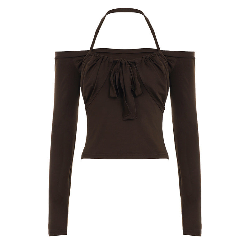 Damen Kurzgeschnittenes Schulterfreies Longsleeve mit Neckholder, Brustraffung und BindDruneand Drune