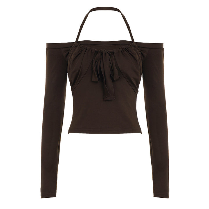 Damen Kurzgeschnittenes Schulterfreies Longsleeve mit Neckholder, Brustraffung und BindDruneand Drune