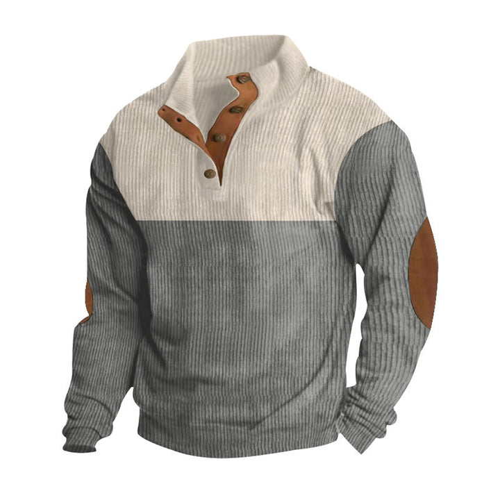 Herren nan grober Rippstrick-Pullover mit Stehkragen, Knopfleiste und markanten Ellenbogenpatches Drune