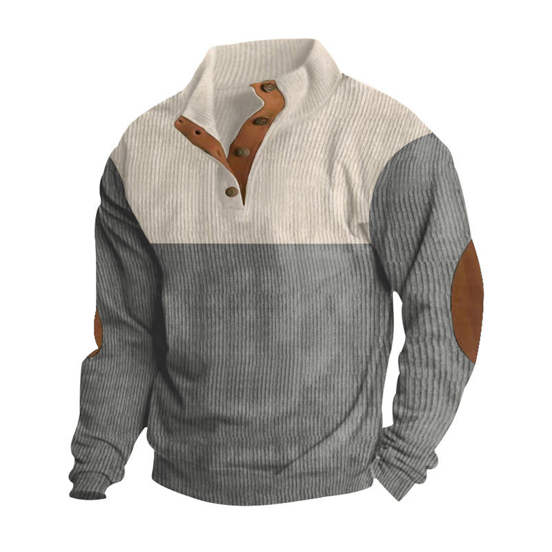 Herren nan strukturiertes Rugby-Pullover mit Stehkragen, Knopfleiste und Leder-Ellenbogenpatches Drune