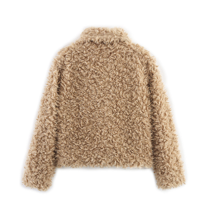 Damen nan kurze Bouclé-Teddyjacke mit lockiger Webstruktur Hemdkragen und Knopfverschluss Drune