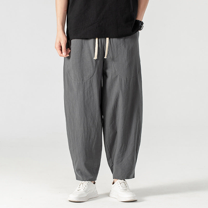 Herren Lässige Leinen-Baumwoll-Hose mit weitem Bein, Kordelzug und aufgesetzten Taschen Drune