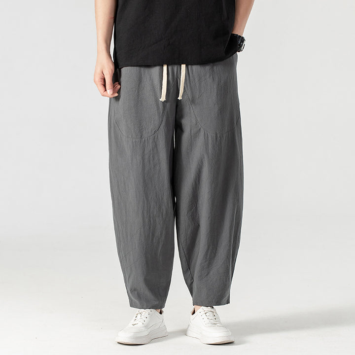 Herren Lässige Leinen-Baumwoll-Hose mit weitem Bein, Kordelzug und aufgesetzten Taschen Drune
