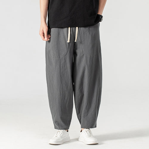 Herren Lässige Leinen-Baumwoll-Hose mit weitem Bein, Kordelzug und aufgesetzten Taschen Drune