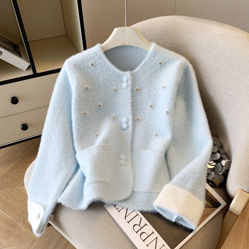 Damen Eleganter Strickjacke mit Perlen-Details Drune