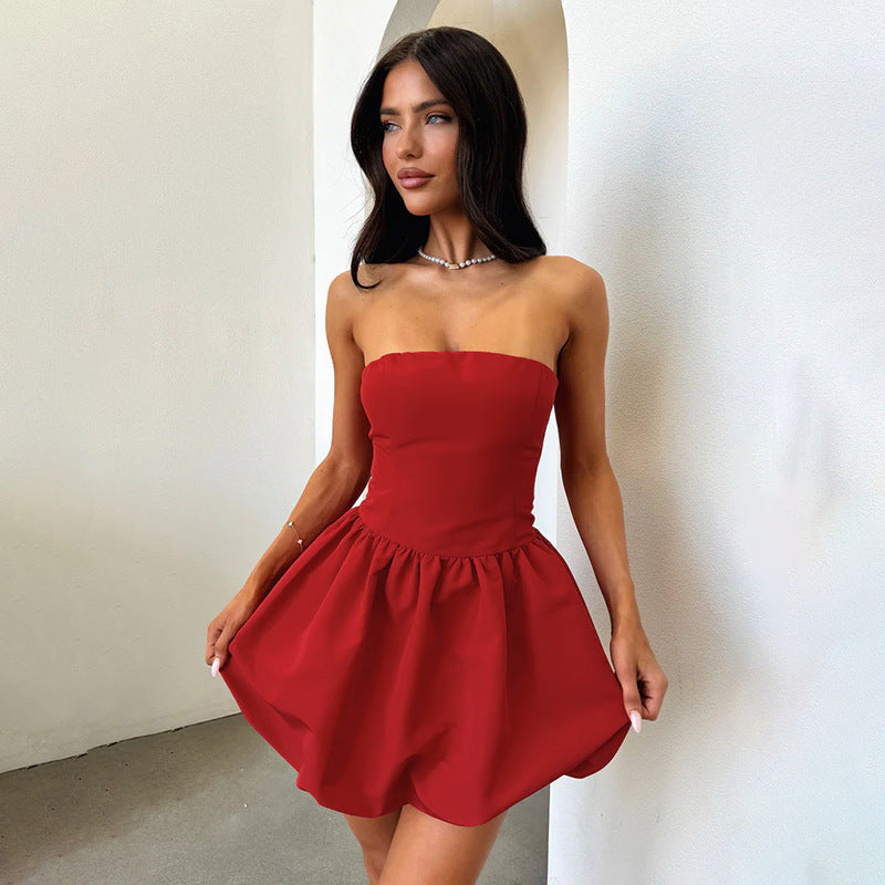 Damen elegantes Bandeaukleid mit voluminösem Rock Drune
