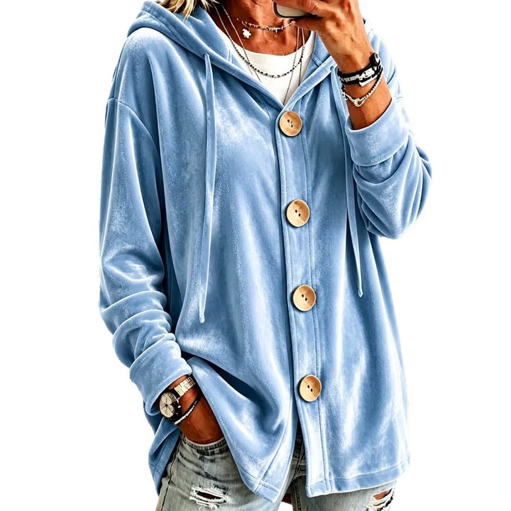 Damen Oversize Kapuzen-Samtjacke mit großen Holzknöpfen und weichem Veloursfutter Drune
