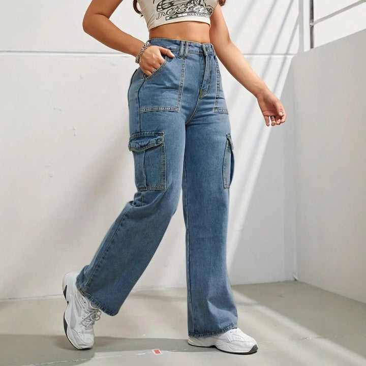 Damen hochtaillierte weite Cargo-Jeans mit aufgesetzten Taschen und geradem Bein Drune