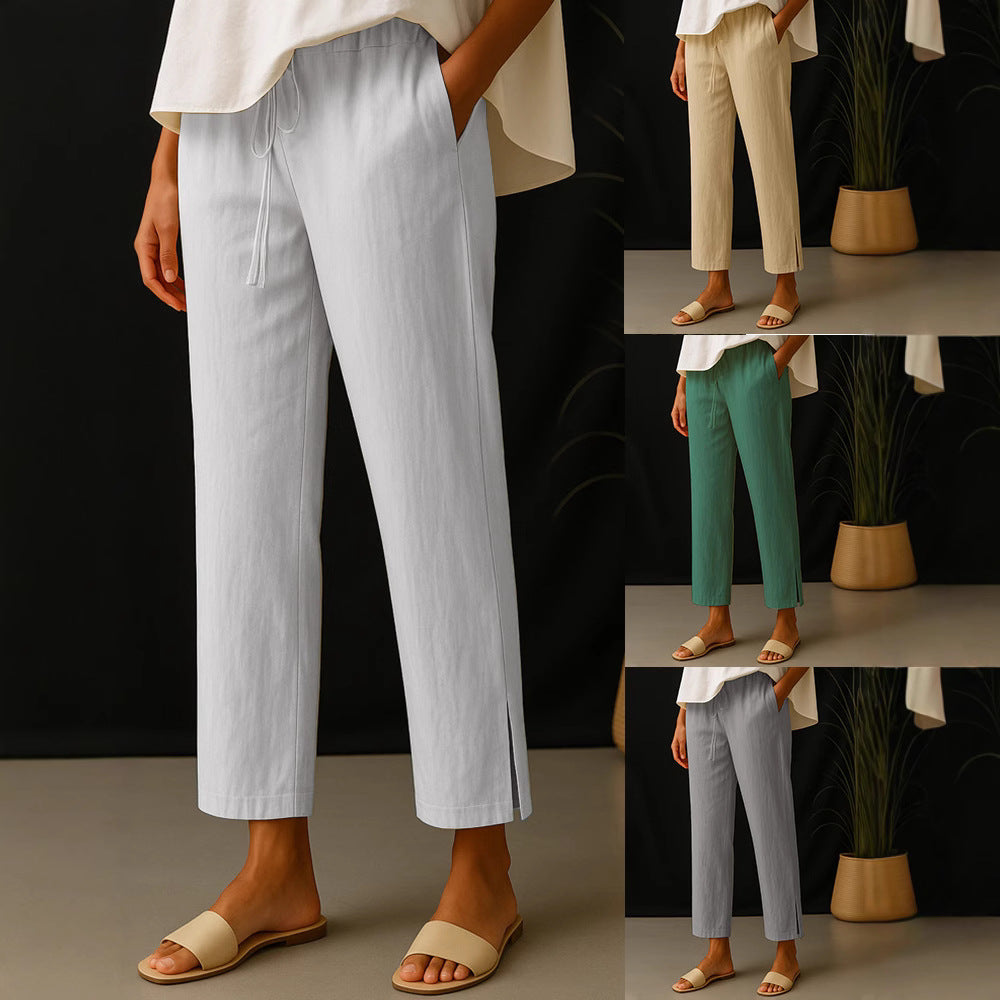 Damen Casual-Chino Leinenoptik Culotte mit elastischem Tunnelzugbund und Eingrifftaschen Drune
