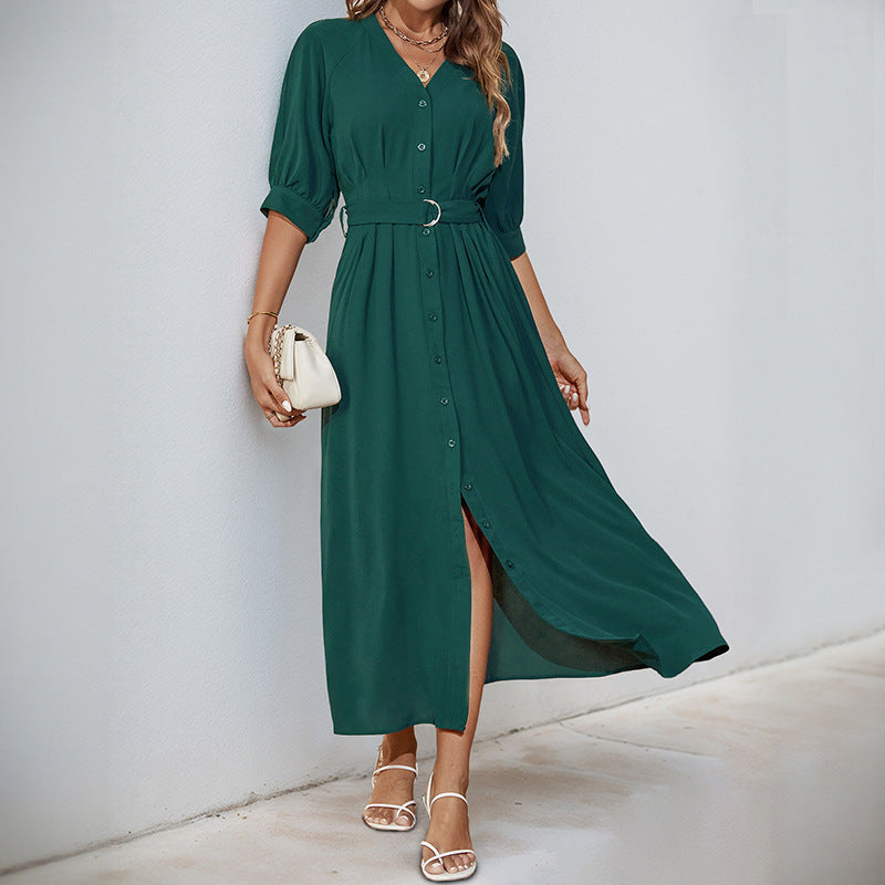 Damen Midikleid mit durchgehender Knopfleiste, V-Ausschnitt und D-Ring-Taillengürtel Drune