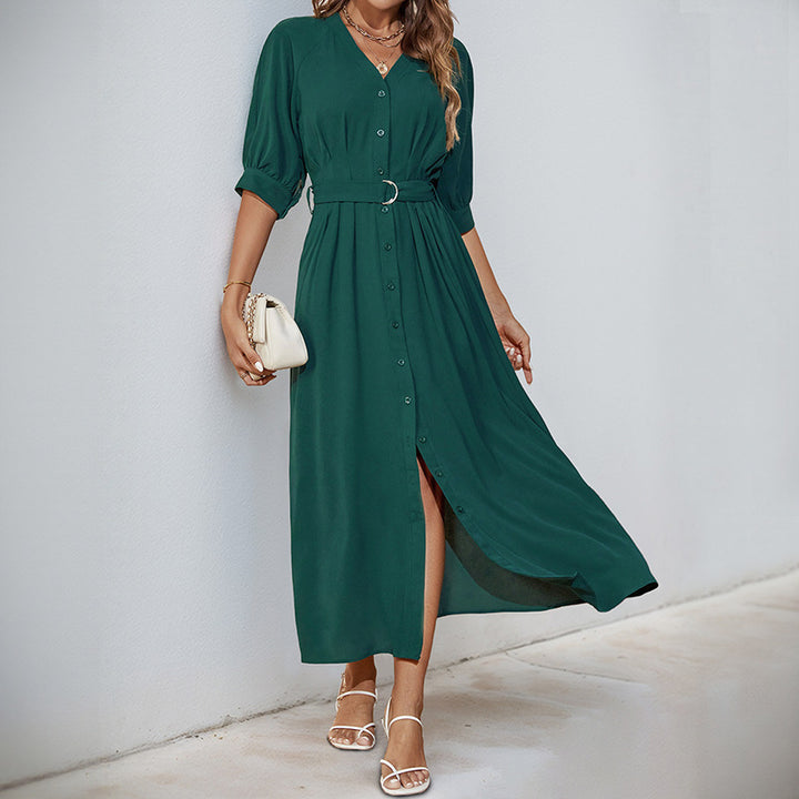 Damen Midikleid mit durchgehender Knopfleiste, V-Ausschnitt und D-Ring-Taillengürtel Drune
