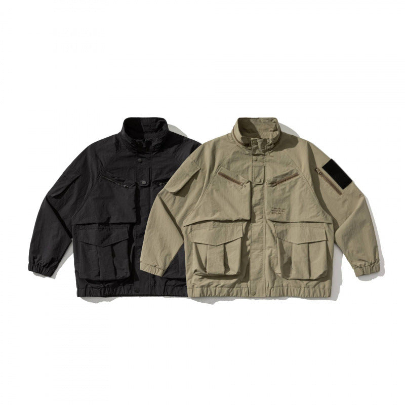 Unisex Oversize-Utility-Jacke mit Multifunktionstaschen, hohem Stehkragen und elastischem Saum Drune