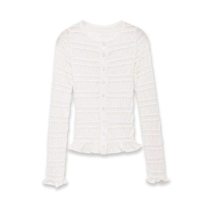 Damen Gesmoktes Feinstrick-Cardigan mit Rüschenabschluss und Knopfleiste Drune