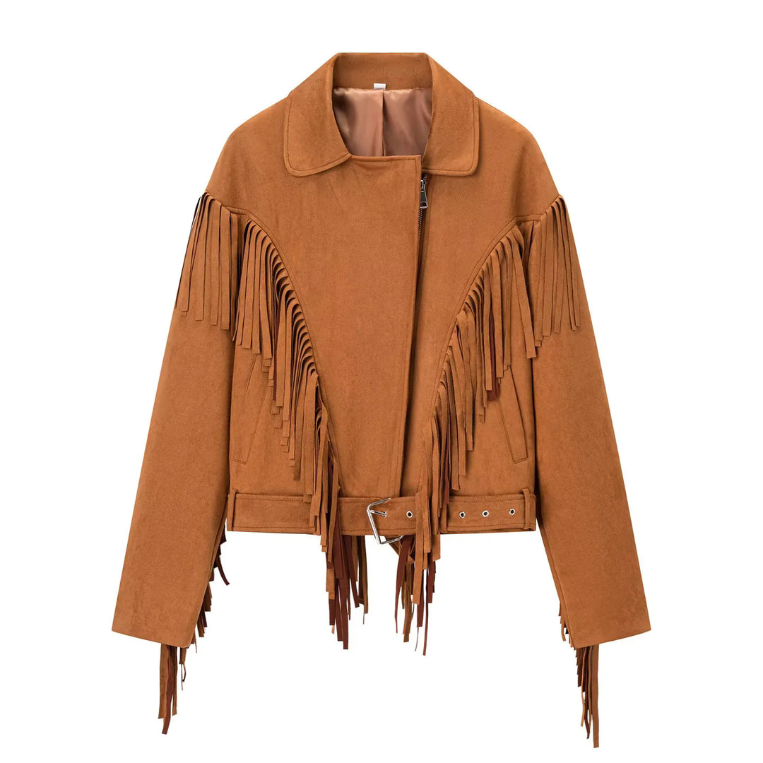 Damen nan taillierte Fransenjacke im Wildlederlook mit Gürtel und asymmetrischem Reißverschluss Drune
