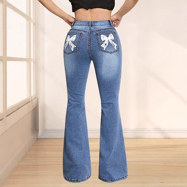 Damen Schlagjeans mit dekorativen Schleifen Drune