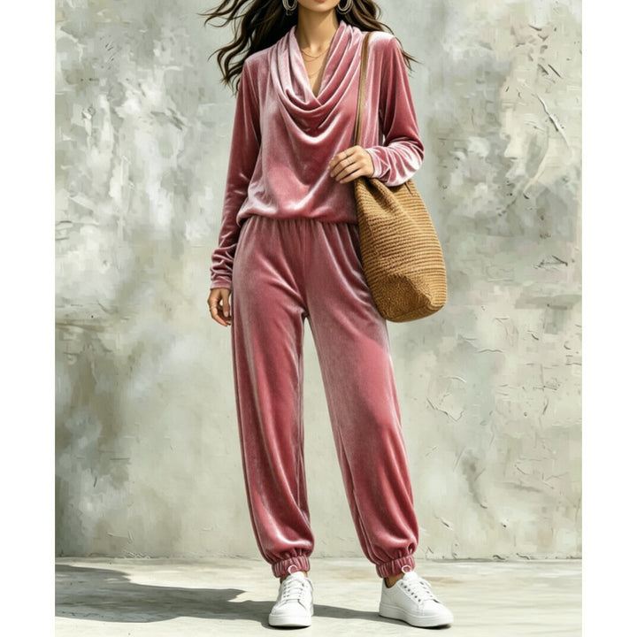 Damen Samt-Lounge-Set mit Wasserfallkragen und Jogger-Hose Drune