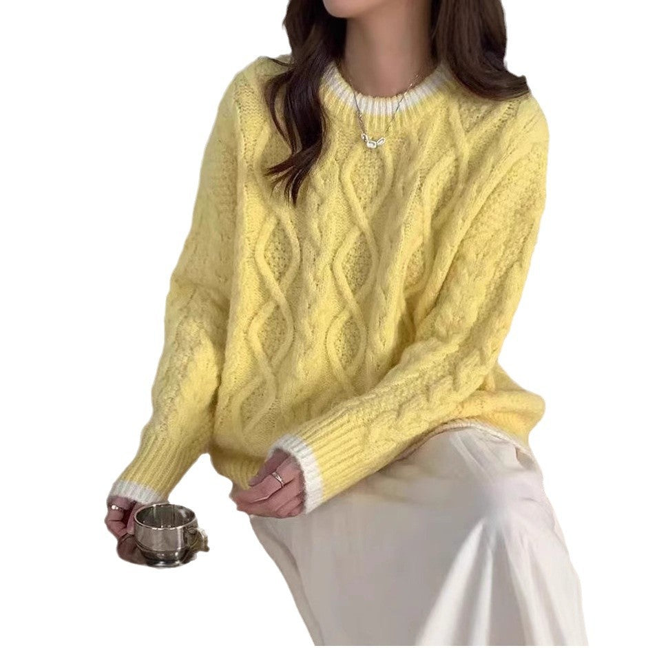 Damen Grobstrickpullover mit Zopfmuster und kontrastierendem Halsabschluss Drune