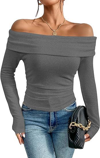 Damen Figurbetontes Schulterfreies Langarm Feinstrickshirt mit Carmenausschnitt Drune