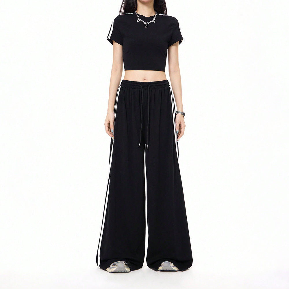 Damen lässige Highwaist weite Sweathose mit elastischem Bund, Tunnelzug und seitlichen Kontraststreifen Drune