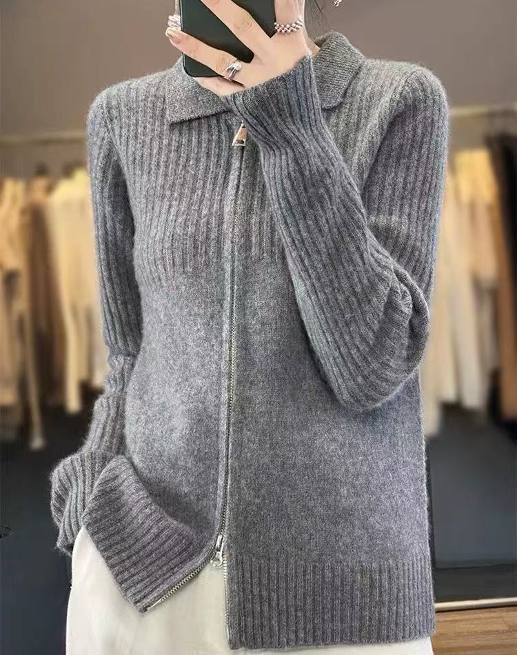 Damen gemütlicher Strickcardigan mit Reißverschluss und feinem Rippmuster Drune