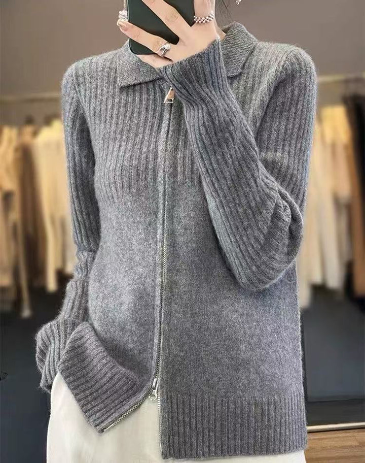 Damen gemütlicher Strickcardigan mit Reißverschluss und feinem Rippmuster Drune