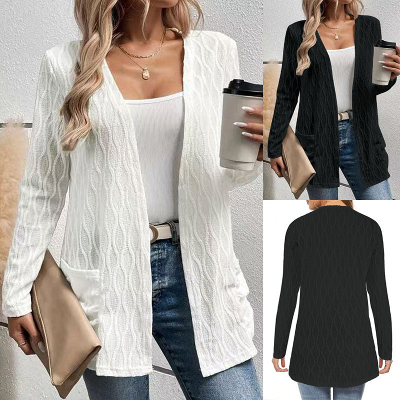 Damen Offene Strickjacke mit strukturierter Wellenoptik und aufgesetzten Taschen Drune