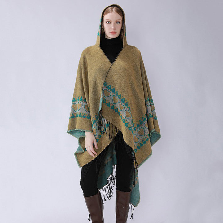Damen Kapuzen-Capeponcho aus Wollmix mit Herz-Jacquard und Fransensaum Drune