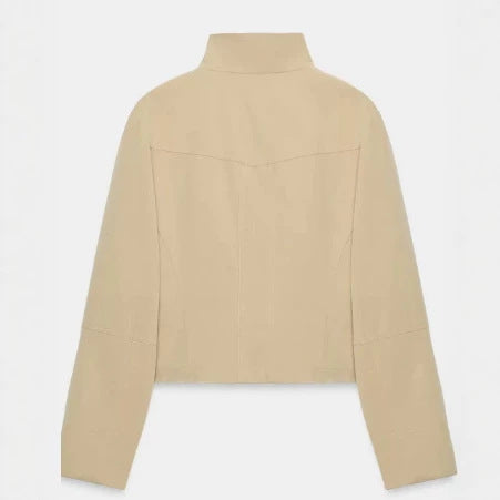 Damen Cropped doppeltreihige Kurzjacke mit Funnel‑Stehkragen und Pattentaschen Drune