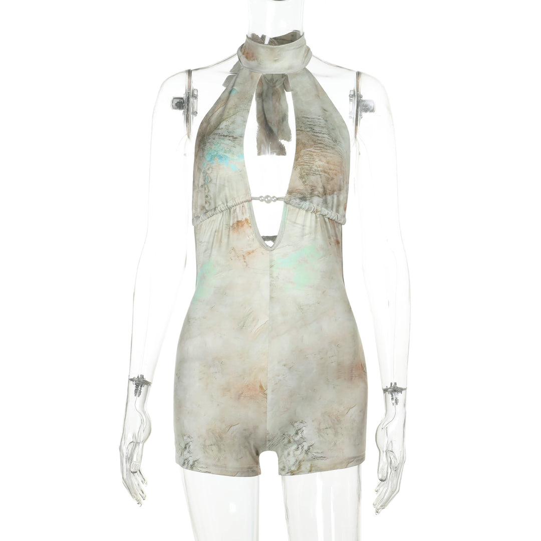 Damen eleganter Halter-Jumpsuit mit tiefem V-Ausschnitt und verspieltem Rüschendetail Drune