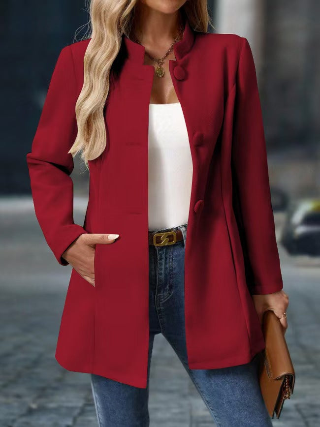 Damen Stehkragenmanteljacke mit verdeckter Knopfleiste und seitlichen Taschen Drune