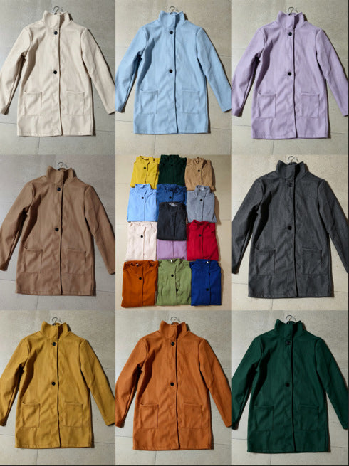 Unisex nan leichter Übergangs-Mantel mit Stehkragen, verdeckter Knopfleiste und aufgesetzten Taschen Drune