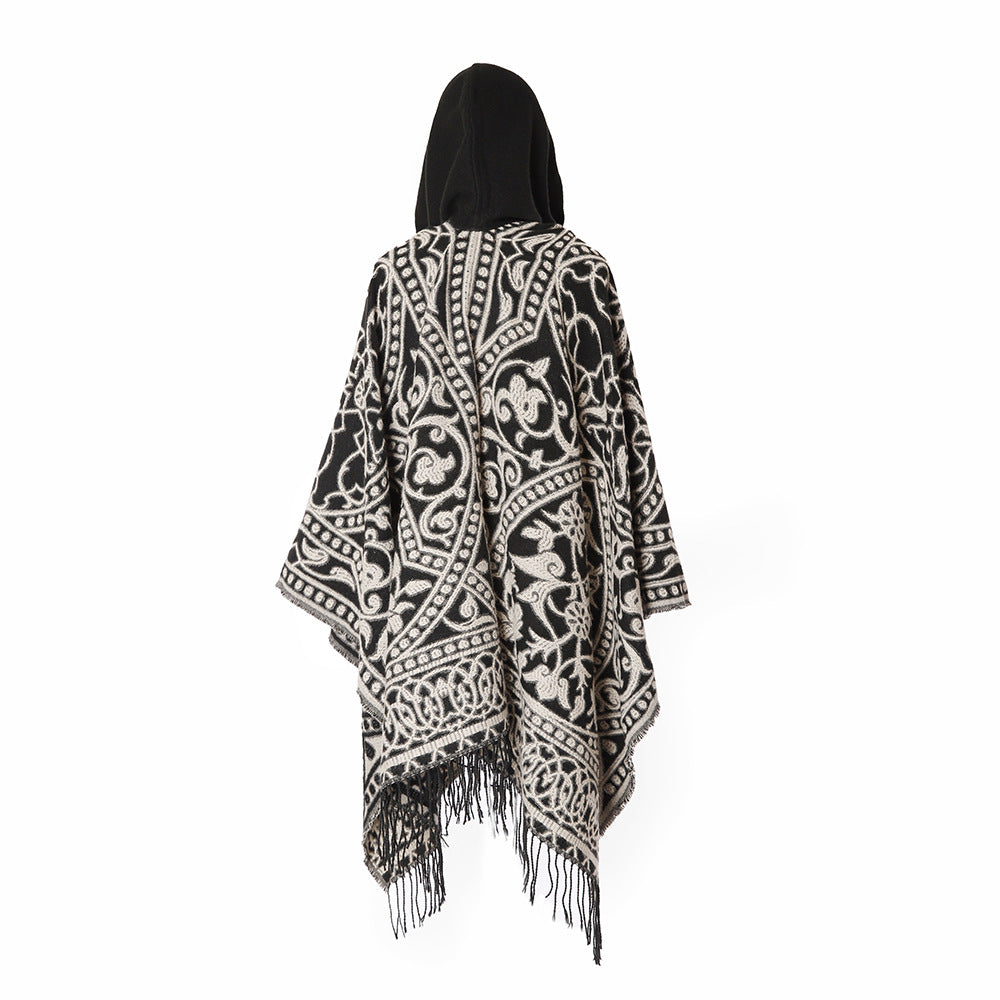 Damen Kapuzen‑Capeponcho aus Wollmix mit Jacquardmuster, Fransen und Oversize‑Fall Drune