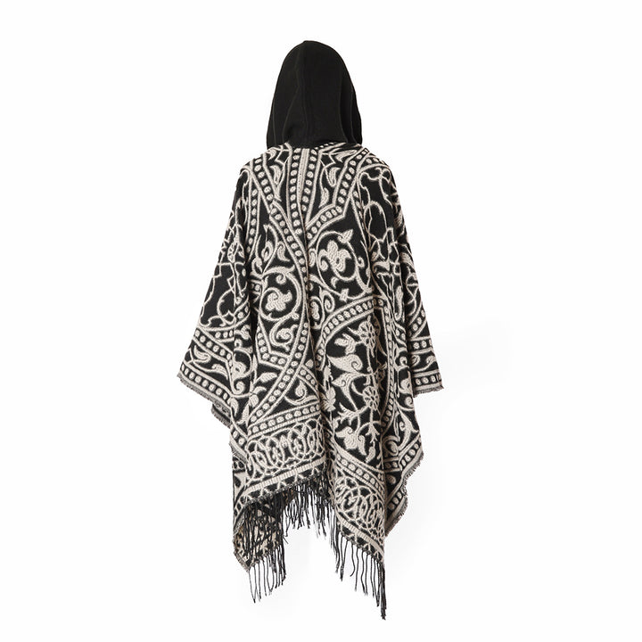 Damen Kapuzen‑Capeponcho aus Wollmix mit Jacquardmuster, Fransen und Oversize‑Fall Drune