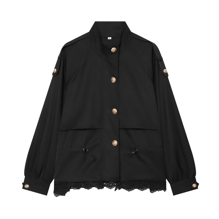 Damen 50+ taillierte Utility‑Blousonjacke mit Stehkragen, Kordelzugtaschen und Spitzenbesatz Drune