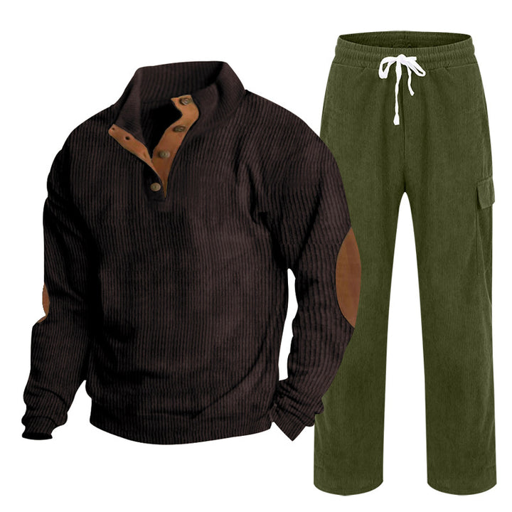 Herren Gemütliches Freizeit-Set aus Waffelstrick-Henley mit Ellenbogenpatch und Relax-Cargo-Hose Drune