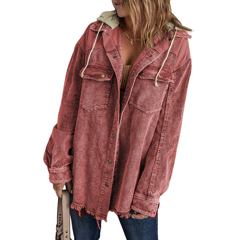Drune | Jacke mit Kapuze - Oversized Fit - Cord-Textur - Knopfverschluss - Fransenrand