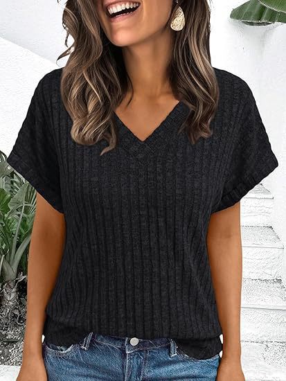 Damen lässiges V-Ausschnitt T-Shirt mit Streifenstruktur Drune