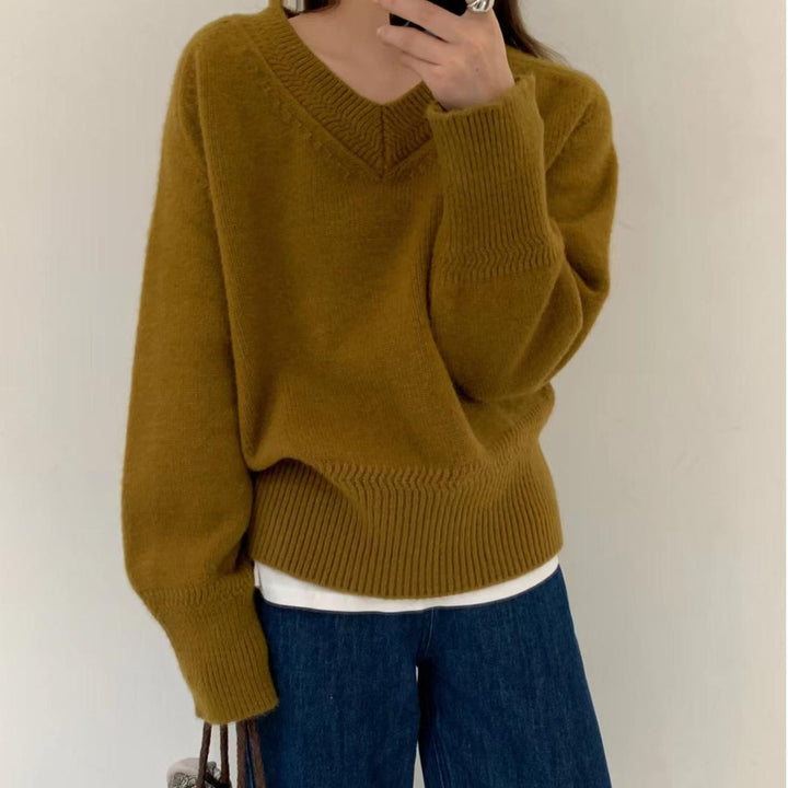 Damen V-Ausschnitt Pullover mit weitem Bündchen Drune