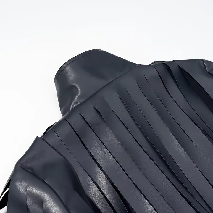 Damen nan kunstleder-blousonjacke mit Streifenfransen, Stehkragen und Taillengürtel Drune