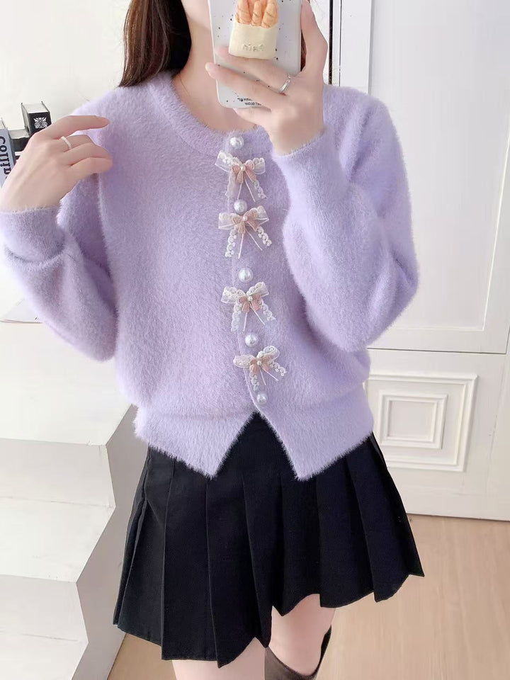 Damen Flauschige Strickjacke mit Perlen und Rüschendetails Drune