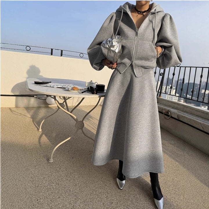 Damen Elegantes Sweatset aus Scuba‑Jersey mit Ballonärmeln und ausgestelltem Midirock Drune
